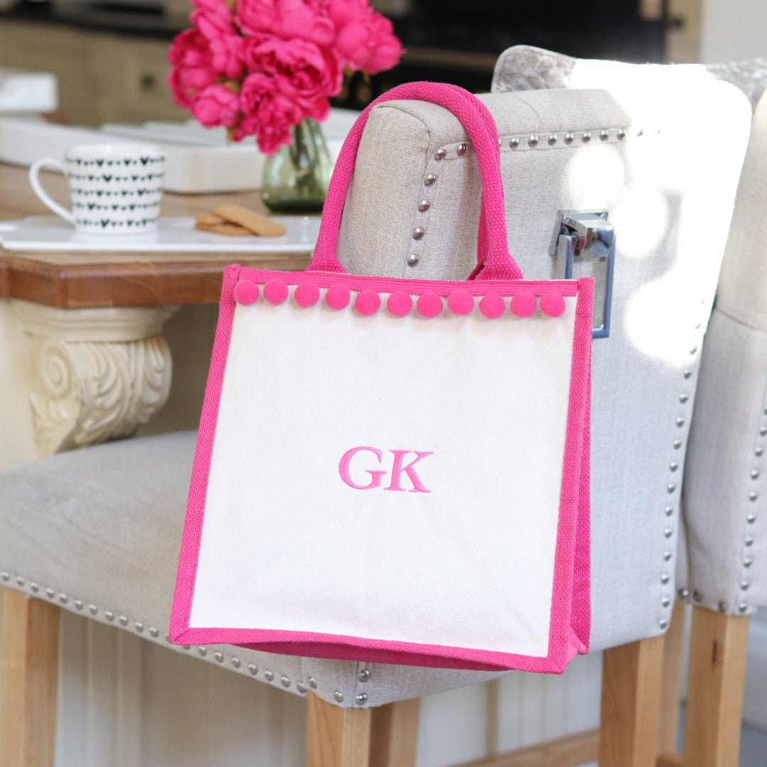 Initialed Pom Pom Bag - Hot Pink