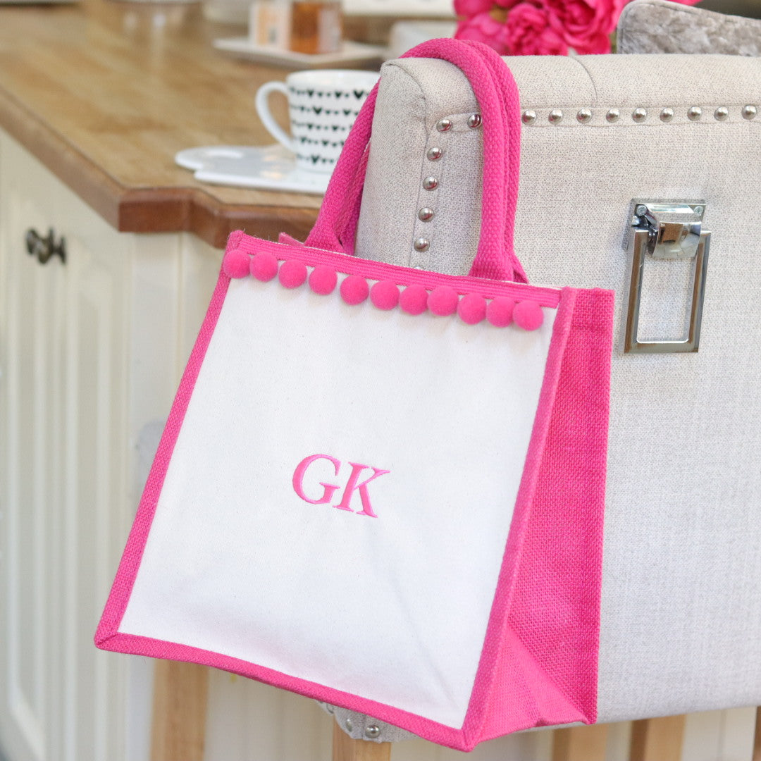 Initialed Pom Pom Bag - Hot Pink