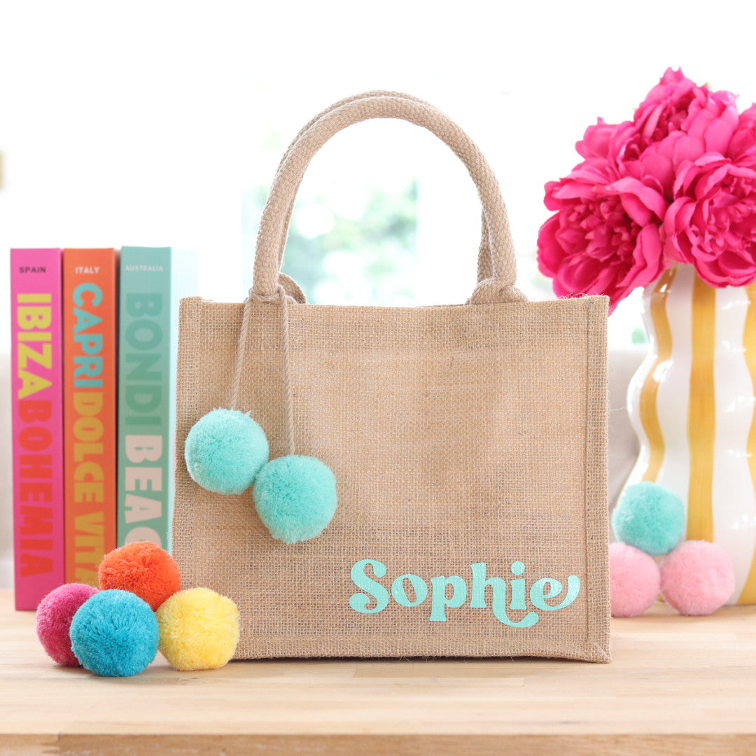Jute Tote Bag & Pom Pom Charm