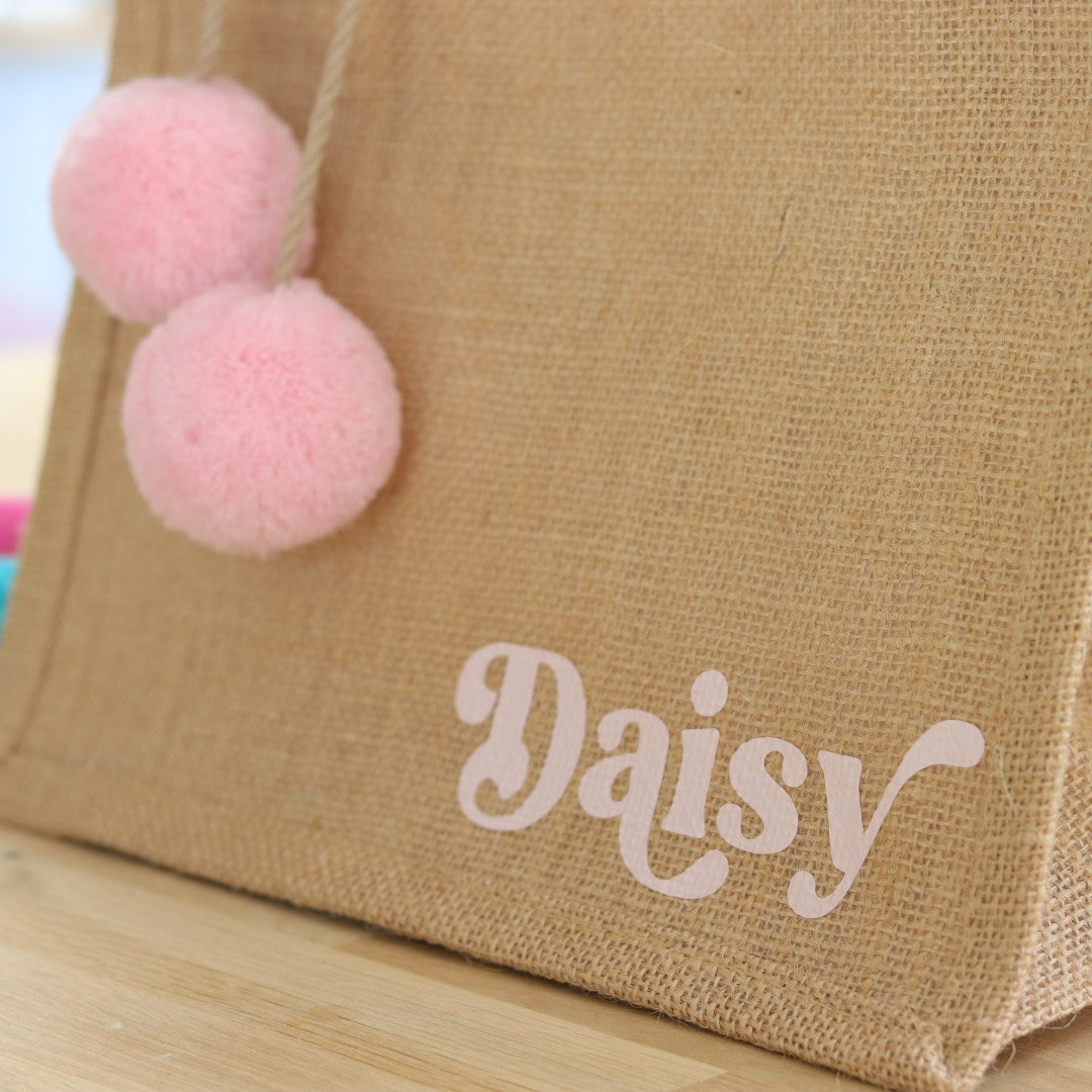 Jute Tote Bag & Pom Pom Charm