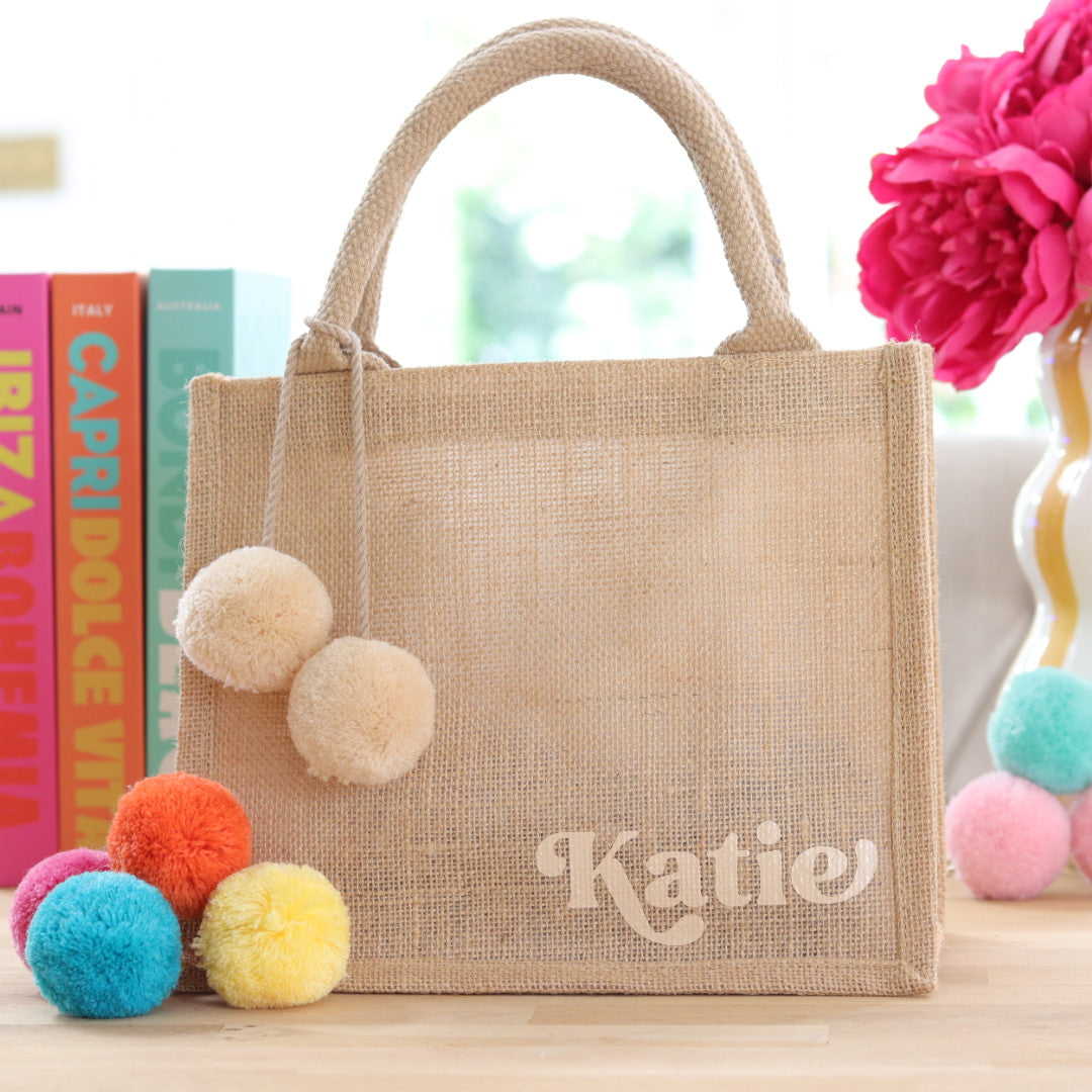 Jute Tote Bag & Pom Pom Charm