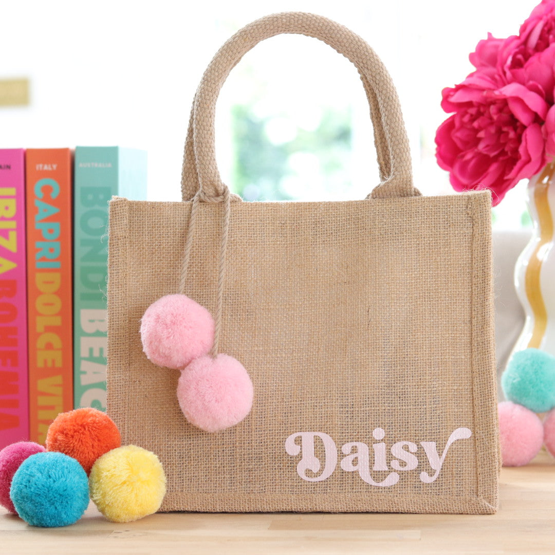 Jute Tote Bag & Pom Pom Charm