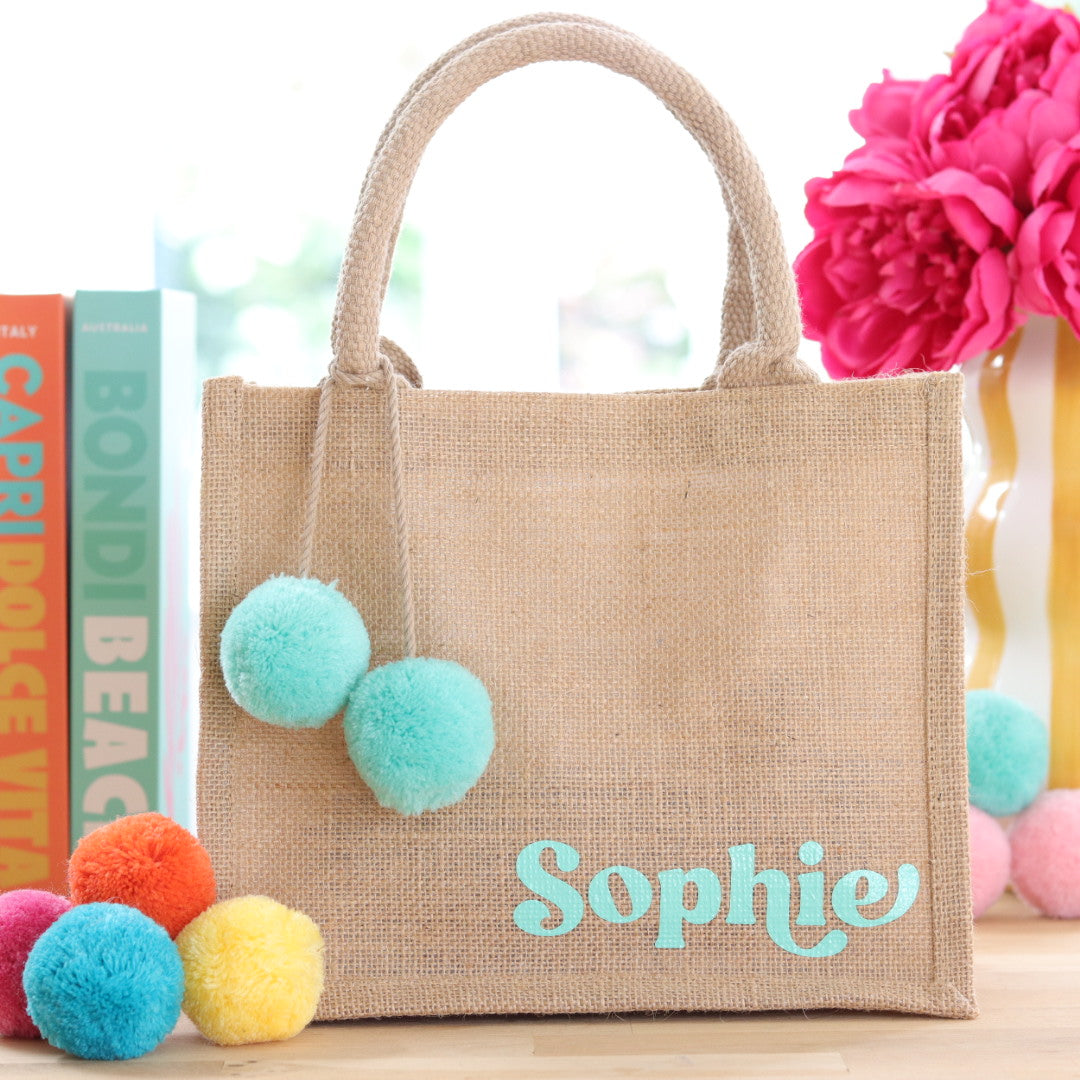 Jute Tote Bag & Pom Pom Charm