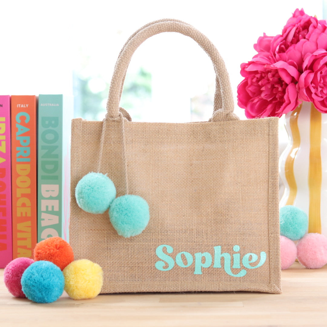 Jute Tote Bag & Pom Pom Charm